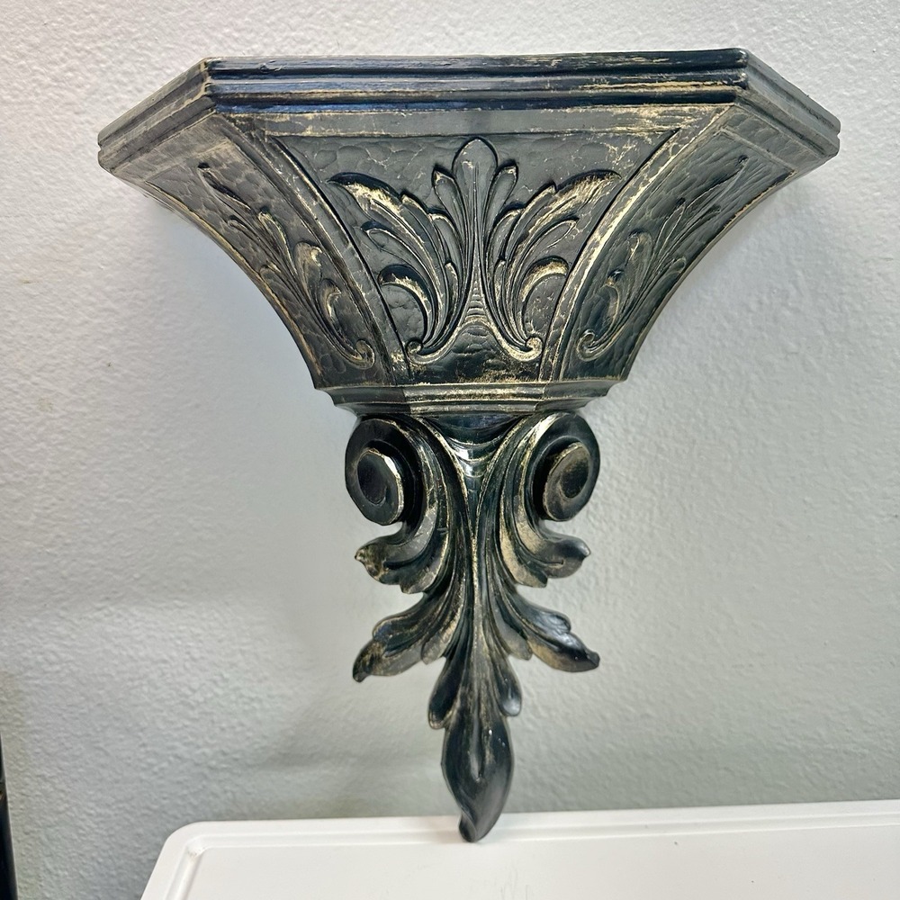 Decorative Wall Shelf Corbel Black Gold Distressed Acanthus Scroll 12.5" Vintage